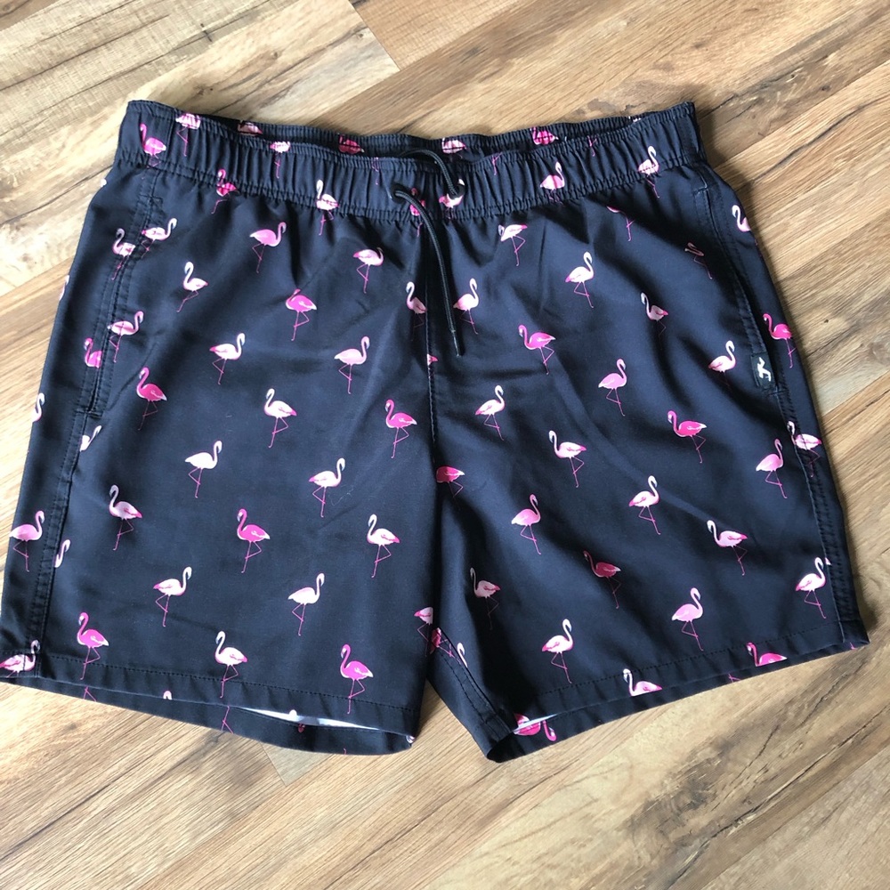 Men’s Black w/ pink Flamingos swim trunks 
Hollister 
Size Medium